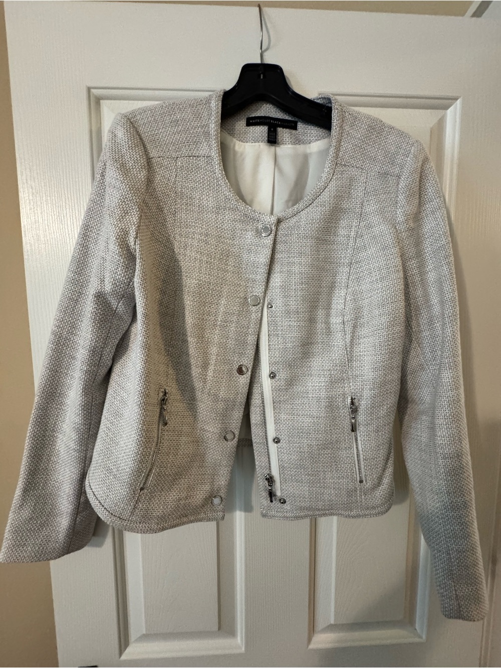 WHBM White House Black Market Textured Cream Women's Zip-Front Collarless Jacket